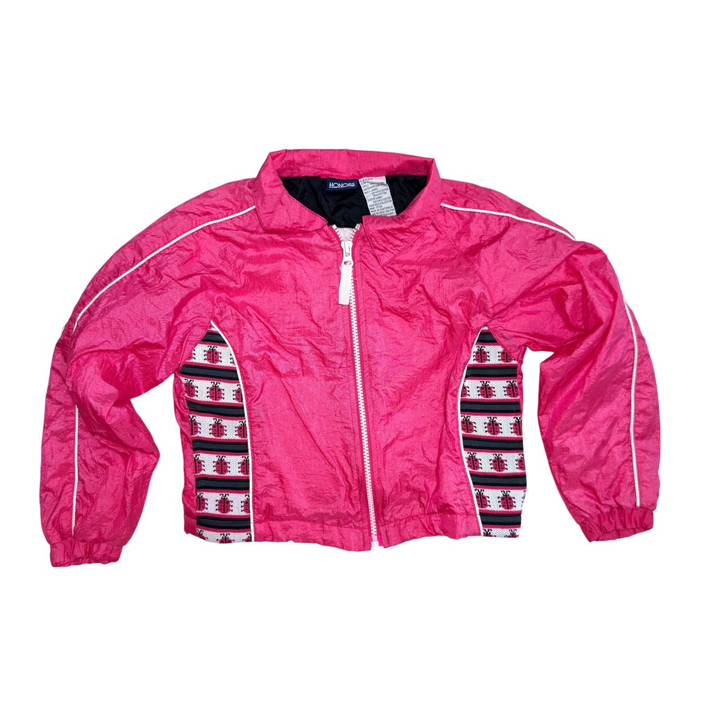 Vintage Honoss Hot Pink Ladybug Stripe Windbreaker Jacket Kids Full Zip